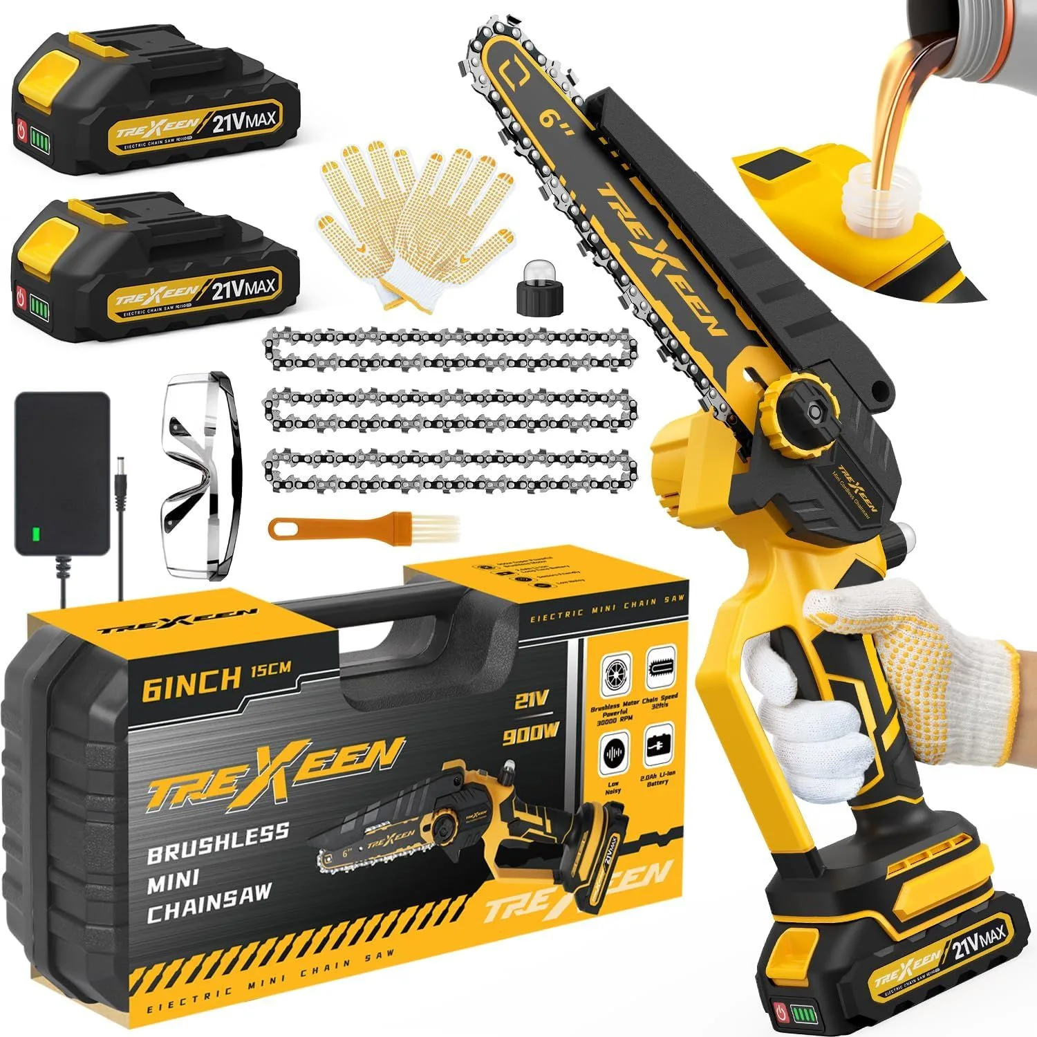Mini Chainsaw 6 Inch Upgraded 900W Brushless Motor, Auto Chain Regulator & A product image
