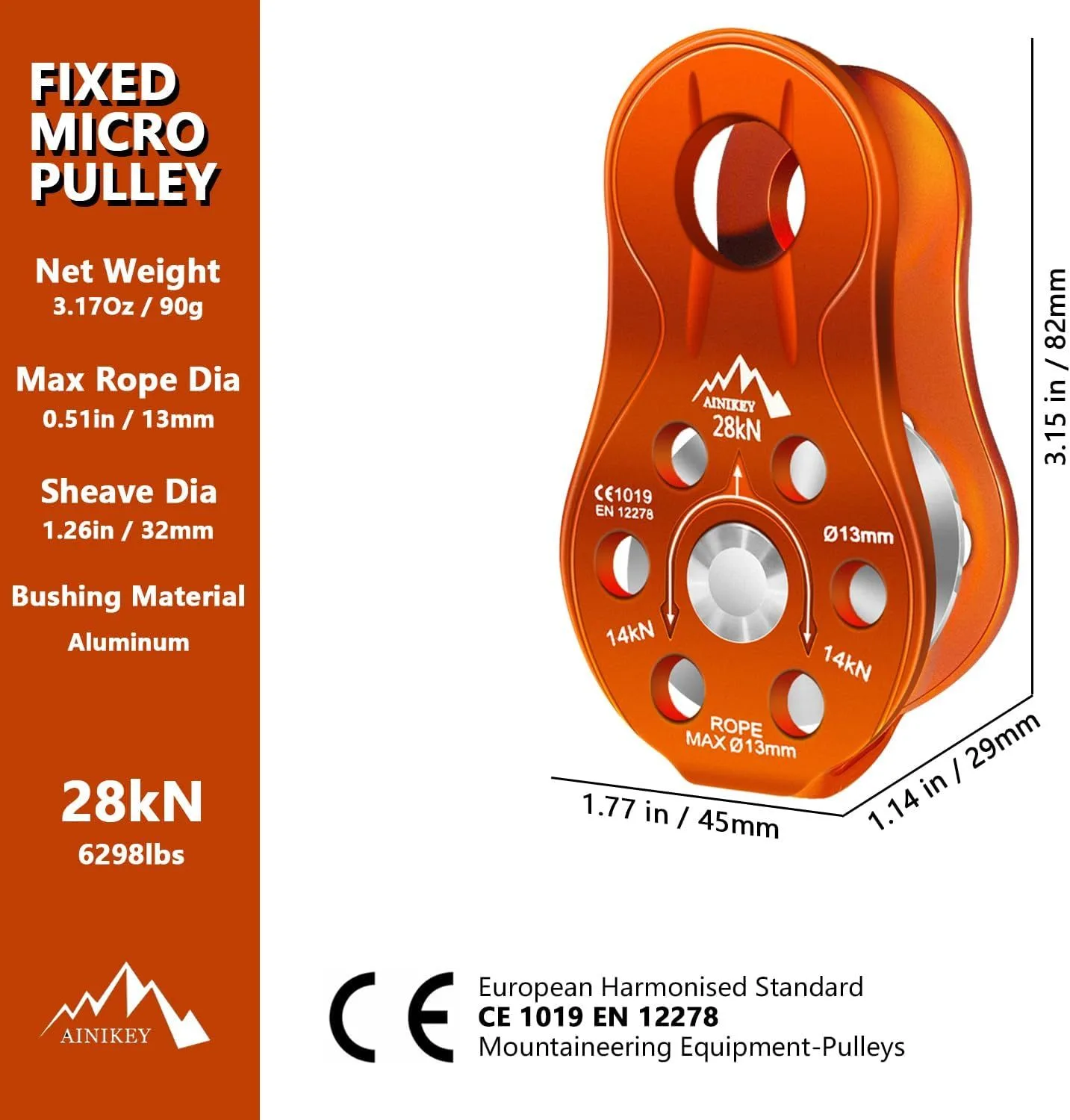Fixed Plate Micro Pulley, 28KN CE Certified General Purpose Orange product image