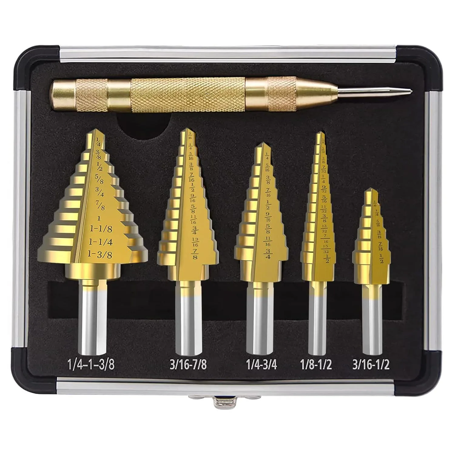 Step Drill Bit Set & Automatic Center Punch Unibit Cobalt Titanium Set 5pc product image