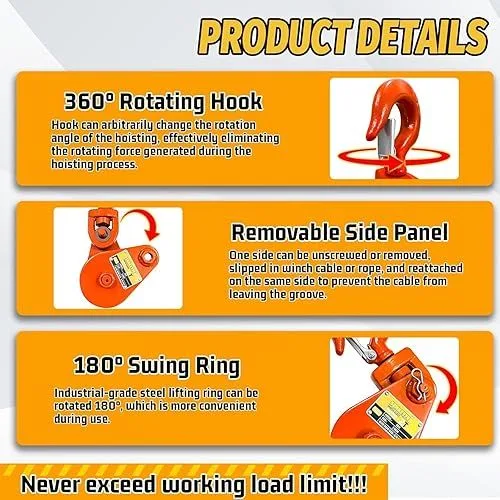 Ton Snatch Block with Hook, 3' Sheave for 3/8 Inch Wire Rope product image