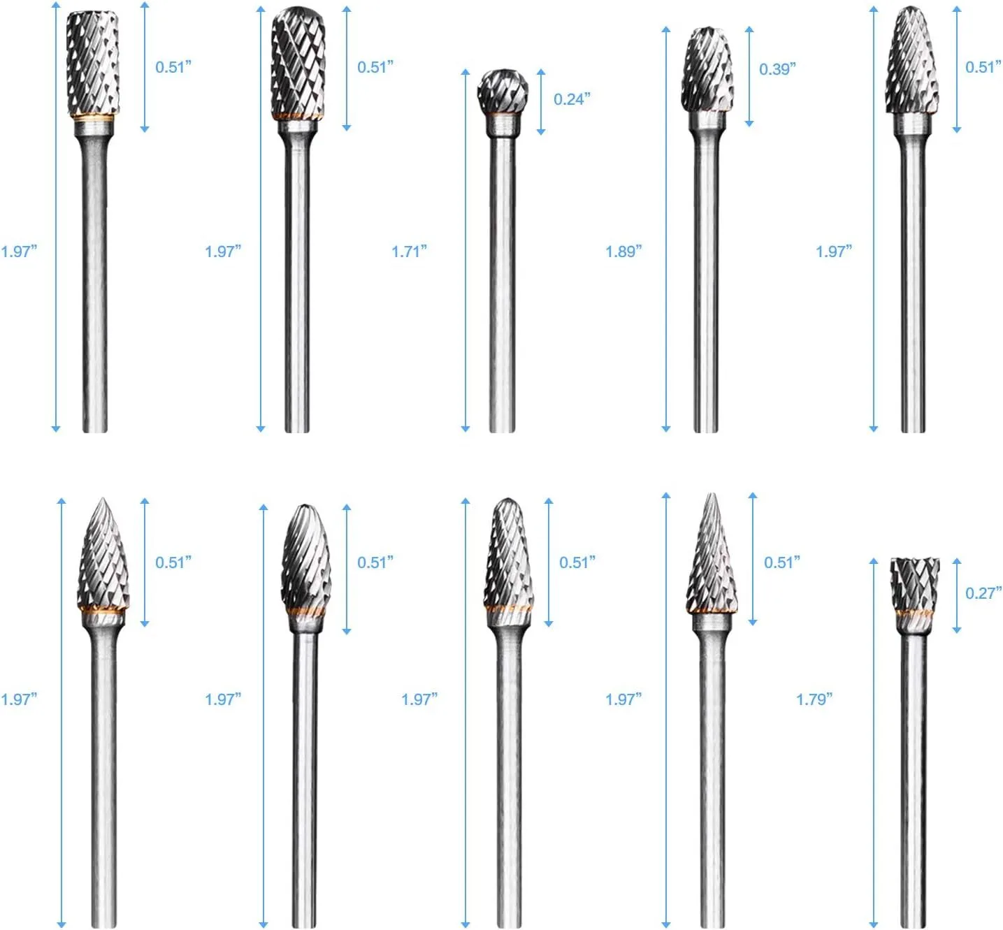 Burr Set, 10pcs Tungsten Carbide Rotary Burrs Set Double Cut Points Files product image