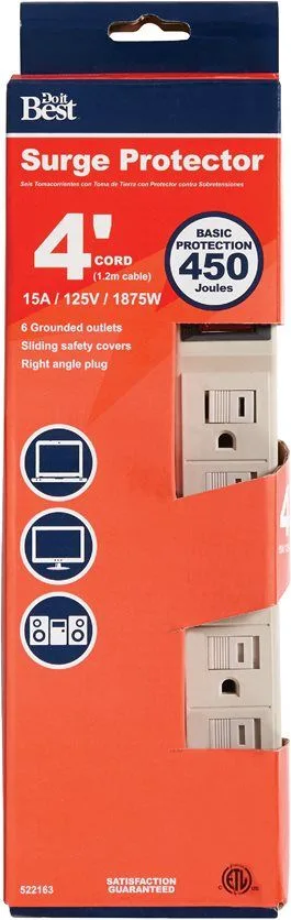 6 Do it Best 6-Outlet 450J Tan Power Surge Strip with 4' Cord product image